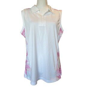 Pebble Beach XL Dry-Luxe Performance Sleeveles Polo Shirt Top White Pink Stretch